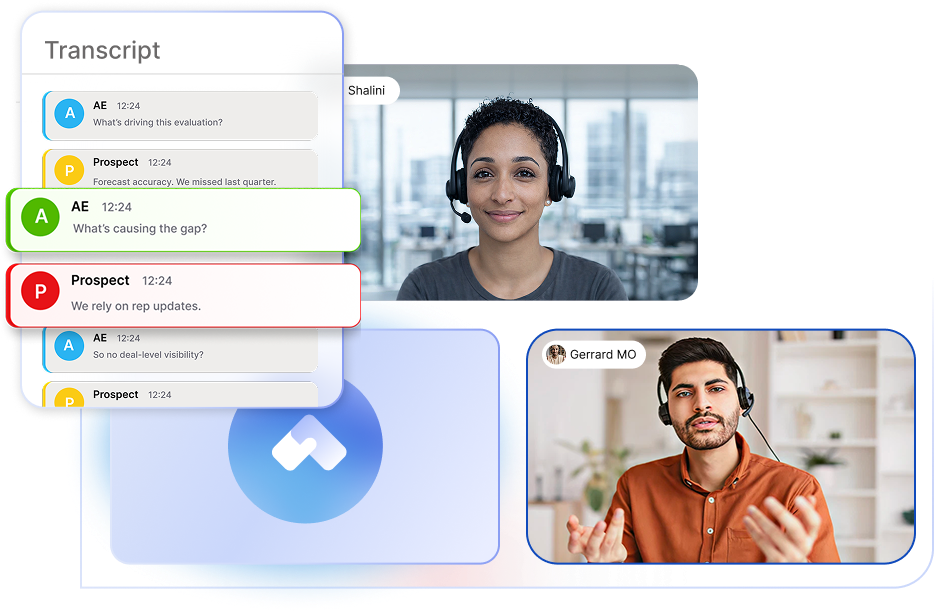 Live objection detection view with flagged transcript moments and active call participants