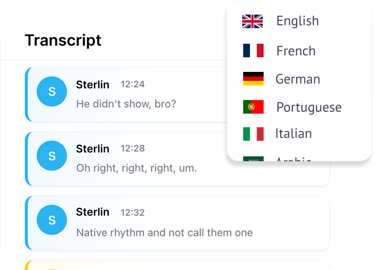 Transcript view with speaker lines and floating language list for multilingual transcription